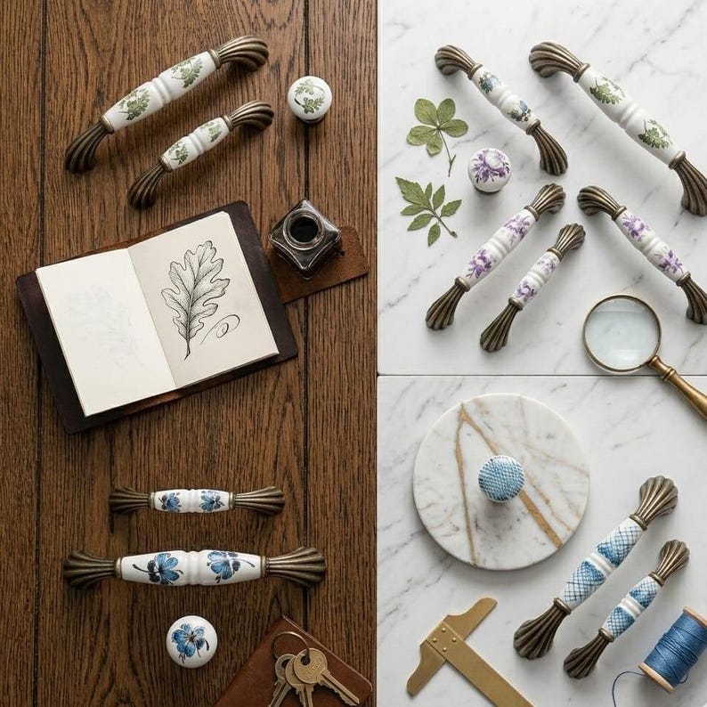 May include: A collection of ceramic cabinet hardware featuring white handles and knobs with floral and geometric patterns, accented by antique brass-toned metal ends. The set includes various sizes of drawer pulls and round knobs displayed alongside a sketchbook with a leaf drawing, an inkwell, a magnifying glass, and a brass tool.
