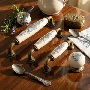Vintage Floral Porcelain Cabinet Pulls, White Ceramic Drawer Handles, Zamak Metal Hardware, French Country Kitchen Knobs