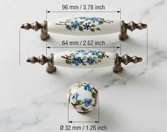 Hand Painted Floral Porcelain Cabinet Handle Drawer Pull – Antique Brass Farmhouse Knob