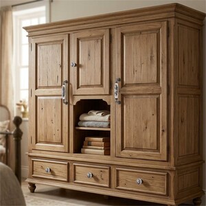 May include: A large wooden wardrobe featuring a natural light brown wood grain finish, two tall side doors, a central open shelf section containing folded textiles and books, and three bottom drawers with decorative round metal and ceramic knobs.