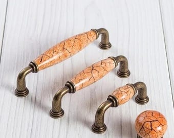 Vintage Crackle Ceramic Cabinet Pulls, Antique Brass Drawer Handles, Rustic Farmhouse Kitchen Hardware, Dresser Knobs