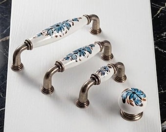 Blue Floral Ceramic Cabinet Pulls, Antique Silver Drawer Handles, Cottagecore Knobs, Farmhouse Furniture Hardware