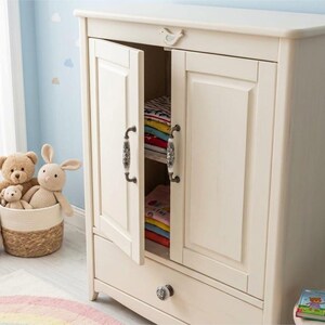 May include: A cream-colored wooden cabinet with two doors and a bottom drawer. The doors feature ornate, floral-patterned ceramic handles, and a small bird-shaped carving sits at the top center. The interior shelves hold folded colorful clothing.