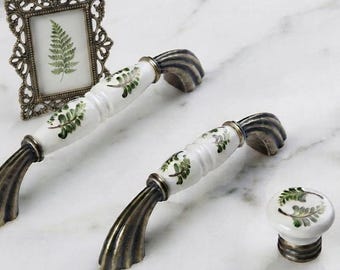 Handmade Porcelain Cabinet Pulls Floral Ceramic Drawer Handles Antique Brass Hardware Vintage Farmhouse Kitchen Knobs 128mm 160mm