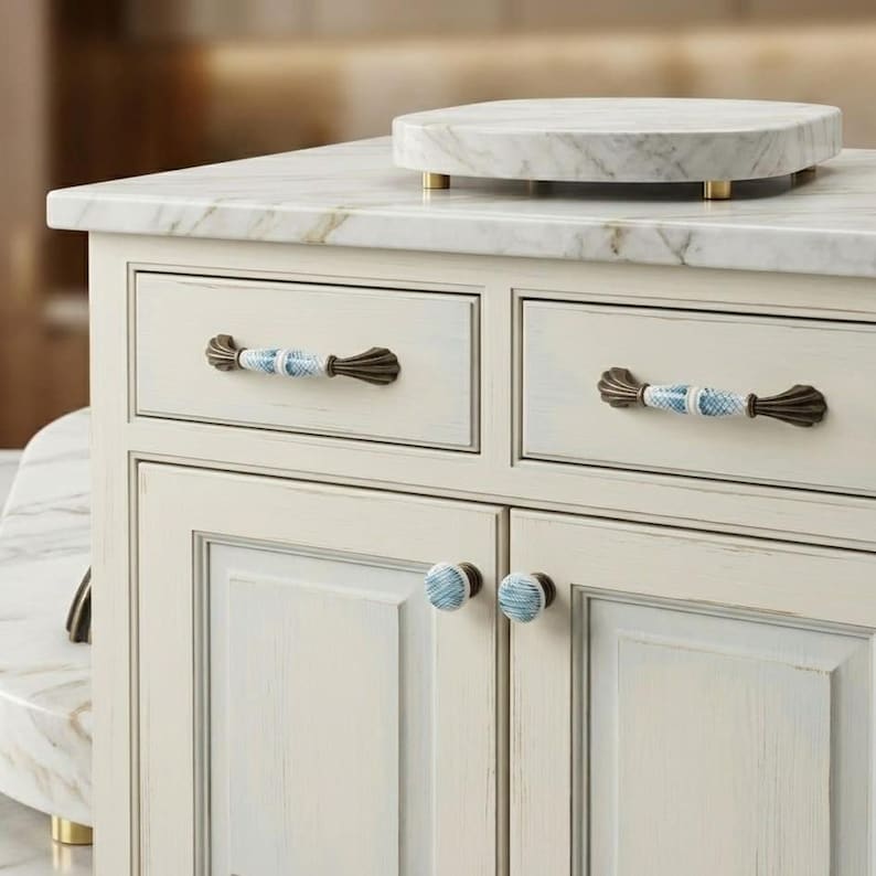 May include: A cream-colored wooden cabinet with a white marble countertop and a matching marble riser. The cabinet features two drawers and two doors, each equipped with decorative blue and white patterned ceramic hardware with bronze accents.