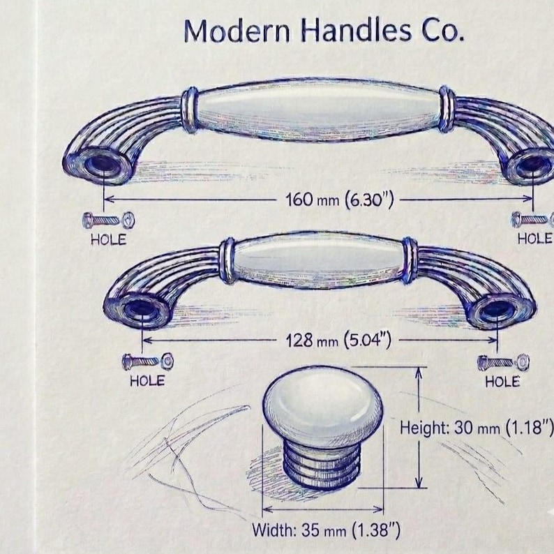 May include: A technical drawing by Modern Handles Co. showing two arched cabinet pulls and one round knob. The pulls measure 160 mm (6.30 inches) and 128 mm (5.04 inches) between holes. The knob has a height of 30 mm (1.18 inches) and a width of 35 mm (1.38 inches).