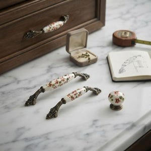 Vintage Ceramic Cabinet Handles, Antique Bronze Drawer Pulls, Hand Painted Floral Knobs, Farmhouse Kitchen Hardware Decor