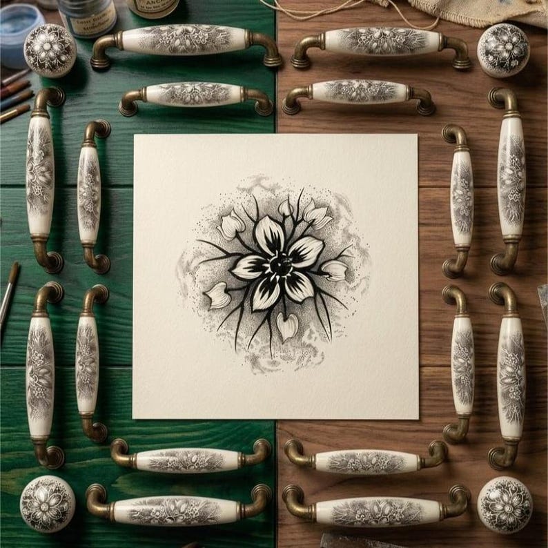 May include: A collection of ceramic cabinet hardware featuring cream-colored surfaces with intricate black floral patterns and antique brass-toned metal accents. The set includes various drawer pulls and round knobs arranged around a central floral print.