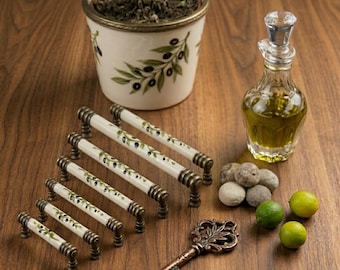 Olive Branch Ceramic Cabinet Handle, Vintage Drawer Pull, Antique Brass Furniture Hardware, Kitchen Cabinet Pull 96 128 160 192mm