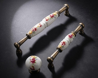 Floral Porcelain Cabinet Handles, Ceramic Drawer Pulls, Vintage Kitchen Hardware, Antique Brass & Silver Knobs, Farmhouse Decor