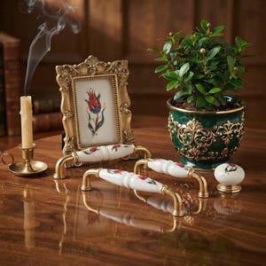 Floral Porcelain Cabinet Handles, Ceramic Drawer Pulls, Gold & Antique Knobs, Luxury Kitchen Hardware, Vintage Dresser Pulls