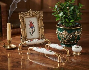 Floral Porcelain Cabinet Handles, Ceramic Drawer Pulls, Gold & Antique Knobs, Luxury Kitchen Hardware, Vintage Dresser Pulls