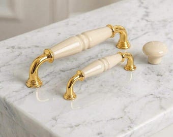 Ceramic Cabinet Handle, Farmhouse Drawer Pull, Vintage Kitchen Hardware, Shabby Chic Cupboard Pull, Gold Brass Knob
