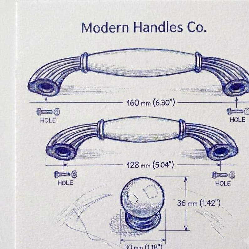 May include: A technical drawing by Modern Handles Co. showing two arched cabinet pulls and one spherical knob. The top pull measures 160 mm (6.30 inches) between holes, the middle pull measures 128 mm (5.04 inches), and the knob is 36 mm (1.42 inches) high.