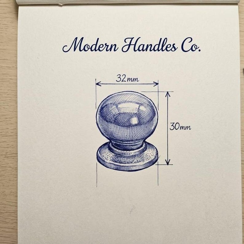 May include: A blue ink sketch on white paper featuring a round cabinet knob with a circular base. The text Modern Handles Co. is printed above the knob. Dimension lines indicate a width of 32mm and a height of 30mm for the hardware component.