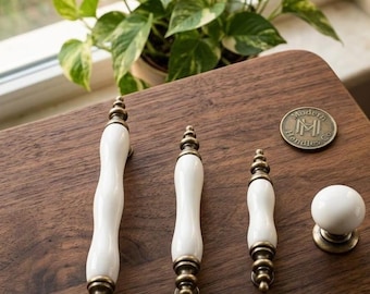 White Porcelain Cabinet Pull Handle, Vintage Kitchen Drawer Pull, Gold Chrome Black Brass Copper Hardware, 64 96 128mm Knob