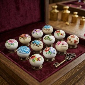 May include: A collection of twelve round ceramic knobs featuring hand-painted floral patterns in various colors, including red, blue, pink, and green. Each knob is mounted on a brass-toned base and arranged inside a dark wooden box lined with velvet.