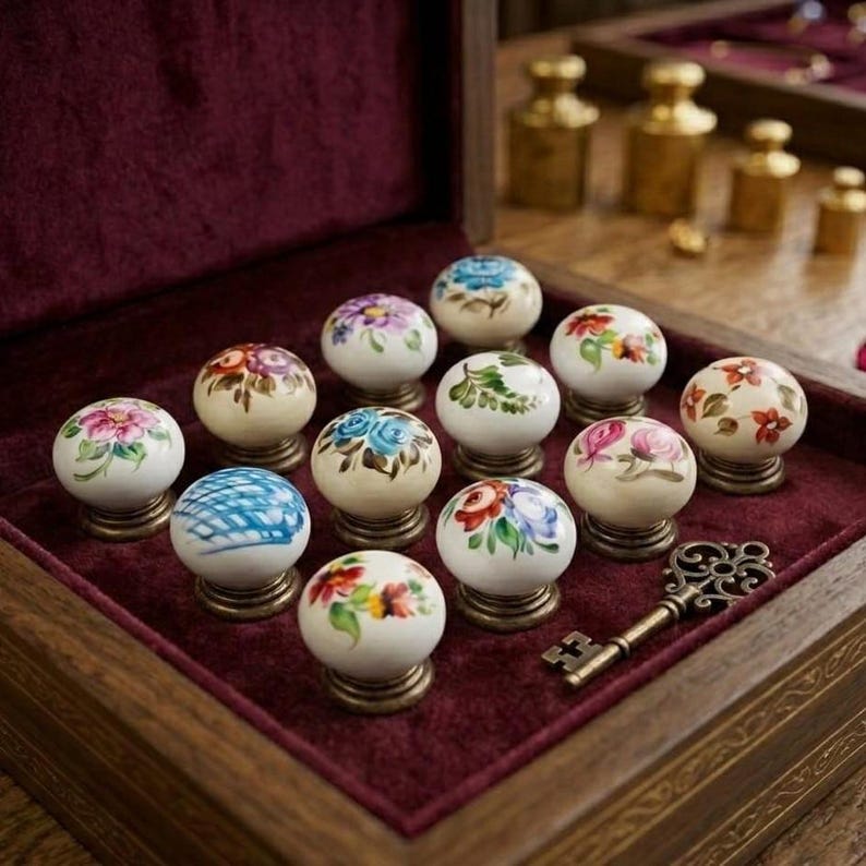 May include: A collection of twelve round ceramic knobs featuring hand-painted floral patterns in various colors, including red, blue, pink, and green. Each knob is mounted on a brass-toned base and arranged inside a dark wooden box lined with velvet.