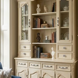 May include: A cream-colored wooden hutch with glass-paneled upper doors, open central shelving, and lower cabinets with drawers. The unit features decorative molding, ceramic hardware, and displays various books, small sculptures, and dishware.