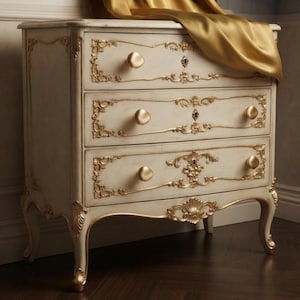 May include: A three-drawer chest finished in an off-white color with gold-toned ornate carvings and trim. The piece features curved legs, gold-colored drawer knobs, and keyhole escutcheons. A draped gold fabric rests on the top surface.