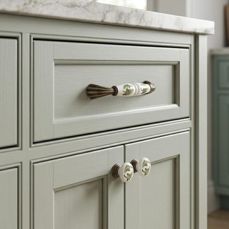 May include: A sage green cabinet featuring a single drawer with a horizontal white ceramic handle decorated with green fern patterns, and two lower cabinet doors each fitted with a round white ceramic knob featuring matching green fern designs.