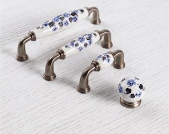 Blue Floral Ceramic Cabinet Pulls, Antique Brass Drawer Handles, Vintage Cottagecore Knobs, Farmhouse Furniture Hardware