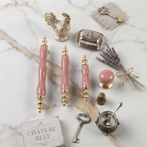 Pink  Porcelain Cabinet Pull Handle, Vintage Kitchen Drawer Pull, Gold Chrome Black  Copper Hardware, 64 96 128mm Knob