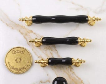 Handmade Black Porcelain Cabinet Handles, Antique Brass Drawer Pulls, Luxury Furniture Hardware