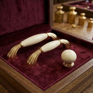 Può includere: Due maniglie per armadietto arcuate e un pomello rotondo, ciascuno caratterizzato da una sezione centrale liscia color crema e estremità in metallo dorato scanalato. La ferramenta è esposta all'interno di una scatola in legno foderata in velluto.