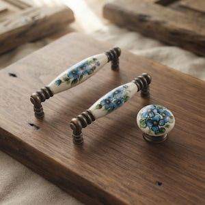 Blue Floral Ceramic Cabinet Handles, Hand Painted Porcelain Drawer Pulls, Vintage Kitchen Cabinet Hardware, Farmhouse Knobs