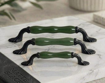 Green Ceramic Drawer Pull, Antique Brass Cabinet Handle, Vintage Furniture Kitchen Knobs