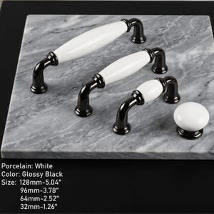 May include: Three arched cabinet pulls and one round cabinet knob featuring white porcelain centers and glossy black metal bases. The hardware is listed with sizes 128mm-5.04", 96mm-3.78", 64mm-2.52", and 32mm-1.26" for the knob.
