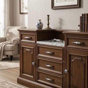 May include: A dark wood sideboard featuring a white marble countertop, three central drawers, and two side cabinets. Each drawer and cabinet door is fitted with white ceramic handles decorated with blue floral patterns and brass-toned accents.