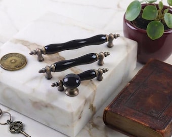 Handmade Black Porcelain Cabinet Handles, Kitchen Drawer Pulls, Luxury Furniture Hardware, Gold Antique Brass Cabinet Knobs
