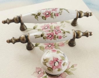 Hand Painted Porcelain Cabinet Handle, Floral Drawer Pull, Cottagecore Knob, Vintage Furniture Hardware