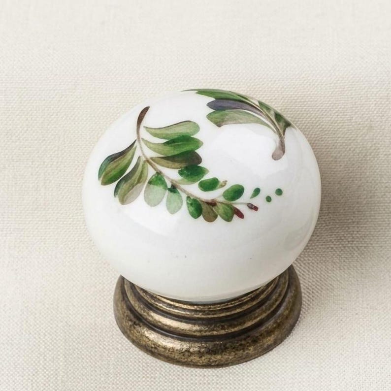 Hand Painted Ceramic Drawer Knobs Set, Floral Cabinet Knobs, Cottagecore Decor, Vintage Porcelain Pulls, Farmhouse Hardware Green Leaf