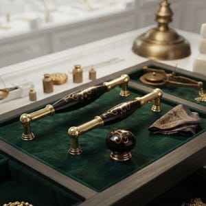 Può includere: Due maniglie per cassetti allungate e un pomello rotondo per armadietto, ciascuno caratterizzato da un centro nero lucido con motivi a volute dorate e estremità in metallo color oro lucido, esposti su un vassoio in legno foderato in velluto verde scuro.