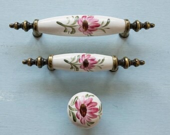 Hand Painted Ceramic Floral Cabinet Knob Drawer Pull, Vintage Farmhouse Handle