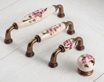 floral knob, ceramic handle, cabinet pull, flower handle, vintage knob, cottagecore decor, farmhouse pull, dresser handle, shabby chic,