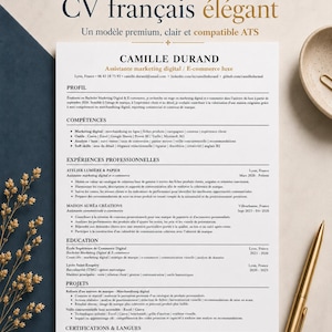 May include: A French-language CV template with a premium, clear design, suitable for ATS systems. It highlights the candidate's skills in digital marketing and e-commerce. The document includes sections for profile, skills, experience, education, and projects.