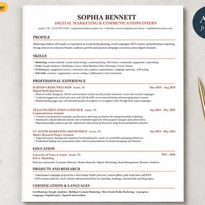 Peut inclure: Un modèle de CV professionnel pour un stagiaire en marketing numérique et communication nommé Sophia Bennett. Le document comprend des sections pour le profil, les compétences, l'expérience, l'éducation et les projets, avec un stylo doré à droite.