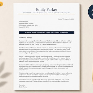Peut inclure: Un modèle de lettre de motivation professionnelle pour un stage d'analyste financier, avec le nom Emily Parker en haut, des coordonnées et un texte formel. Un stylo en métal doré est placé verticalement à droite du document.
