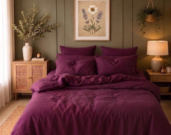 Copripiumino in lino color viola intenso - Set biancheria da letto color vino pregiato - Copripiumino di lusso color prugna con federe - Biancheria da letto estetica viola scuro