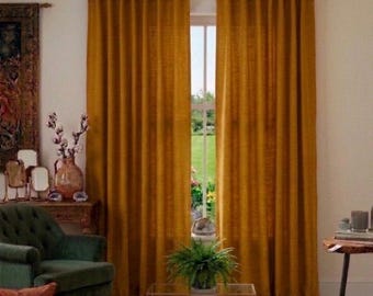 Mustard yellow Linen cotton curtains boho chic window drapes tap top panel rod pocket curtains