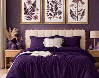 Juego de ropa de cama de lino morado oscuro – Funda nórdica de lujo color ciruela, ropa de cama orgánica y acogedora, decoración elegante para el dormitorio, juego de edredón de lino suave lavado