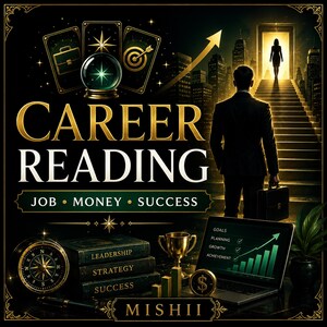 Pode incluir: Um gráfico com o texto CAREER READING, JOB, MONEY, SUCCESS e MISHII. Mostra uma bola de cristal, cartas de tarot com ícones, uma pessoa de fato com uma pasta subindo escadas em direção a uma porta brilhante, uma bússola, livros, um troféu e um portátil com um gráfico de crescimento.