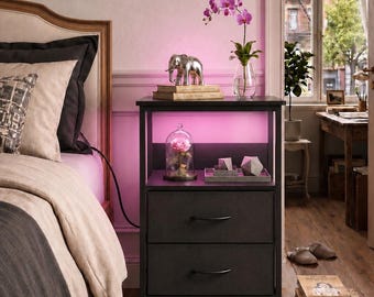 Nightstand with Charging Station, LED Bedside Table, 2 Drawer End Table for Bedroom Storage