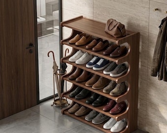 Walnut Wood Shoe Rack Entryway Organizer, 6 Tier Modern Hallway Bench Shelf