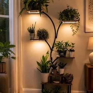 Tree Shaped Plant Stand, Rustic Wood Metal Shelves, Indoor Flower Pot Holder