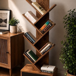 May include: A vertical wooden bookshelf with a tree-like structure featuring angled shelves extending from a central column. The base includes a rectangular storage drawer with a black front panel and a handle. Several books are arranged on the shelves.